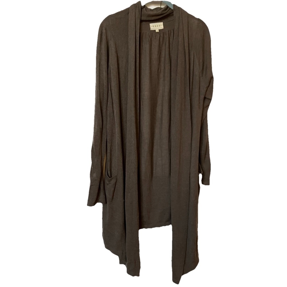 Shae Silk Tencel Cashmere Open Front Cardigan Brown Shawl Collar Pockets Medium